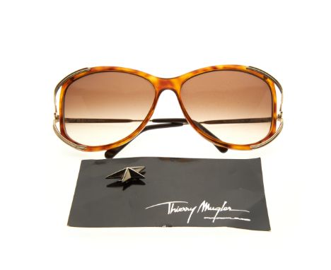Christian Dior, a pair of vintage sunglasses and a Thierry Mugler pin brooch, featuring thin brown acetate frames, gold-tone 