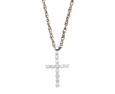 An 18ct gold brilliant-cut diamond cross pendant, suspended from a silver fancy-link chain, estimated total diamond weight 1c