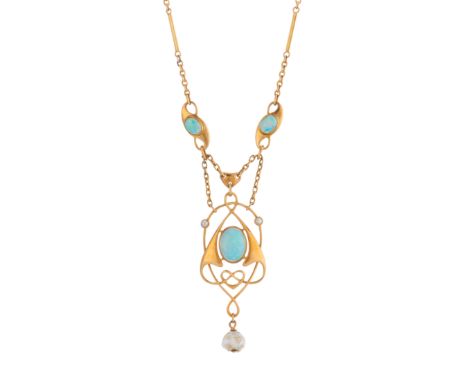 Murrle Bennett & Co., an Art Nouveau 15ct gold opal cabochon and split pearl openwork necklace, with pearl drop and opal cabo