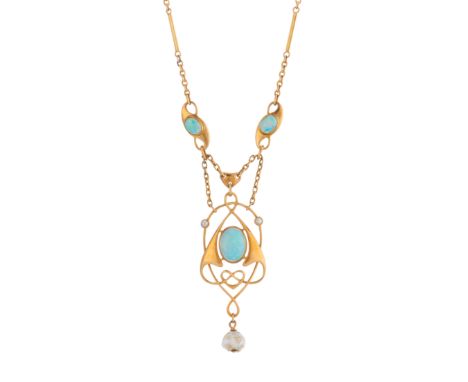 Murrle Bennett & Co., an Art Nouveau 15ct gold opal cabochon and split pearl openwork necklace, with pearl drop and opal cabo