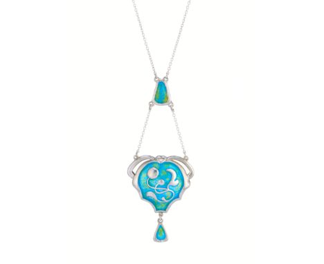 Charles Horner, an Art Nouveau silver, blue and green enamel foliate pendant, with enamel drop and later enamel chain spacer,