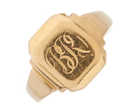 A mid 20th century 18ct gold rectangular-shape signet ring, with engraved initials and slightly tapered shoulders, hallmarks 