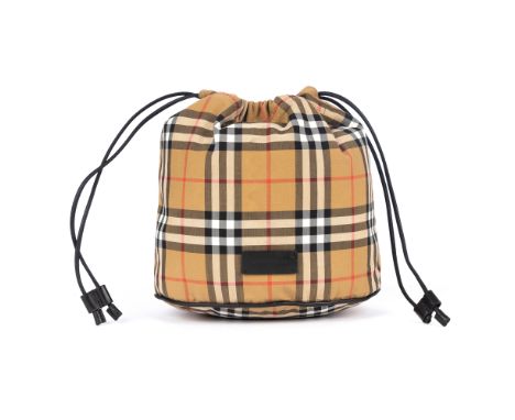 Burberry, a drawstring bag, crafted from the maker's classic check canvas, with black leather piping, front logo patch and dr