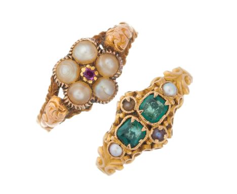 Two early to mid Victorian gold, gem-set rings, to include a 15ct gold emerald and split pearl dress ring, together with a go