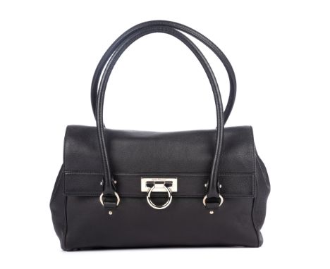 Salvatore Ferragamo, a Gancini Flap handbag, designed with a black leather exterior, with polished silver-tone hardware, dual