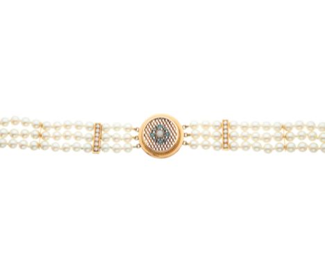 A cultured pearl three-row bracelet, with gold opal cabochon and rose-cut diamond openwork panel, gold brilliant-cut diamond 