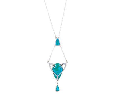 Charles Horner, an Art Nouveau silver, blue and green enamel pendant, with tapered enamel drop, suspended from a later silver