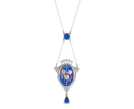 Charles Horner, an Art Nouveau silver, blue and purple enamel foliate pendant, with blue enamel drop and disc chain spacer, s