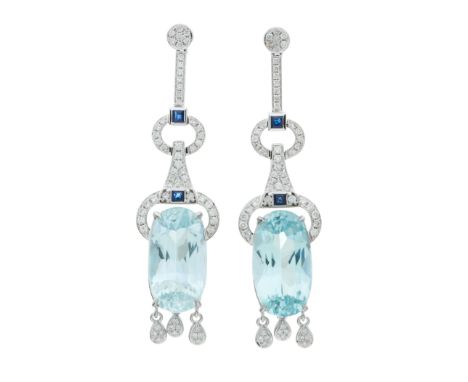 A pair of 18ct gold aquamarine and diamond articulated drop earrings, with square-shape sapphire duo highlights, total aquama