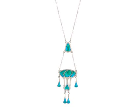 Charles Horner, an Art Nouveau silver, blue and green enamel multi-drop pendant, suspended from a later, integral chain with 