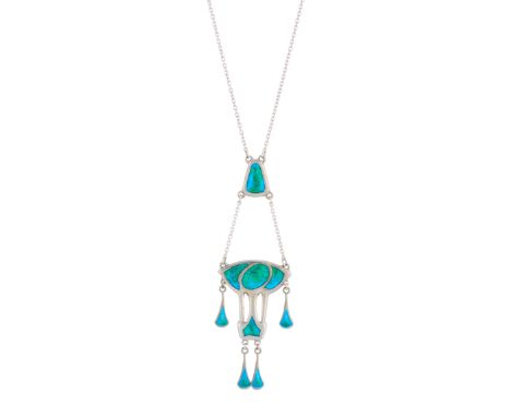 Charles Horner, an Art Nouveau silver, blue and green enamel multi-drop pendant, suspended from a later, integral chain with 