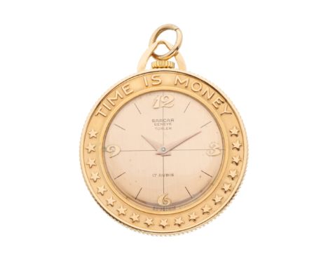 Sarcar Geneve, a 9ct gold 'Time Is Money' coin fob watch, manual wind movement, the reverse depicting Helvetia in profile, ha