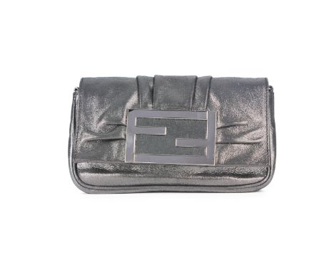 Fendi, a small silver evening bag, designed with a metallic silver textile exterior and silver-tone hardware, featuring the m