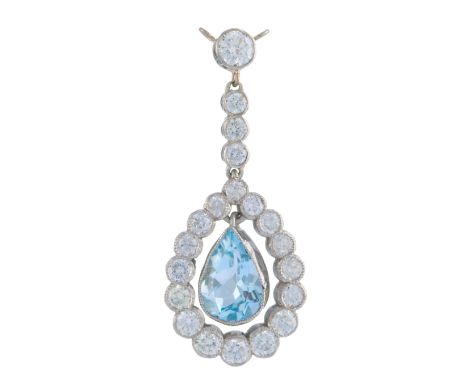 A platinum pear-shape aquamarine and brilliant-cut diamond cluster drop pendant, with similarly-cut diamond line surmount, aq