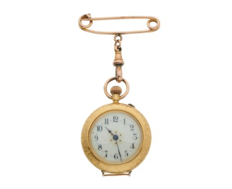 A late 19th century 18ct gold fob watch, enamel dial and engraved reverse, keyless manual wind movement, case numbered 103981