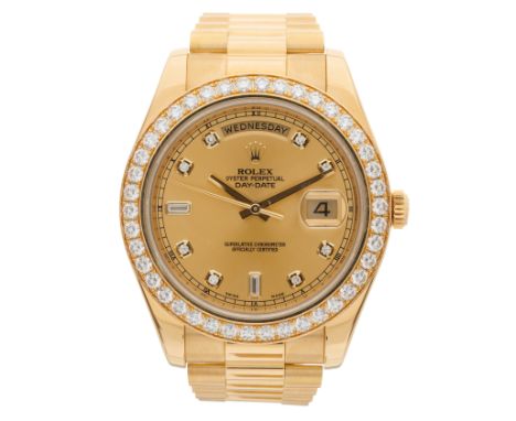 Rolex, an 18ct gold Oyster Perpetual Day-Date II bracelet watch, circa 2013, factory diamond set bezel and dial, reference 21