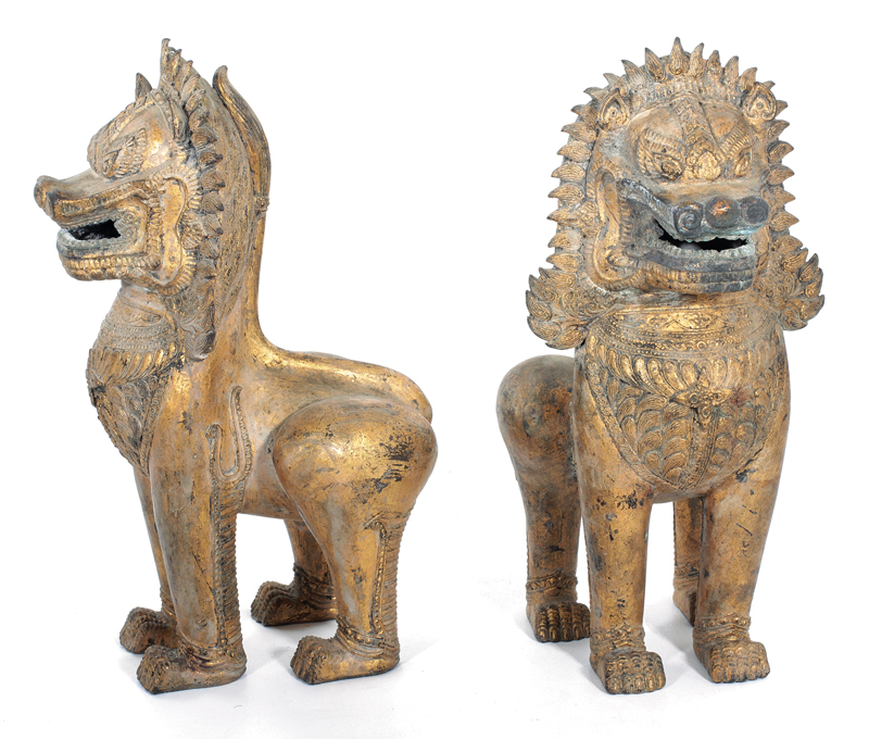 Pair Thai gilt-bronze temple guardian lions probably 19th century ...