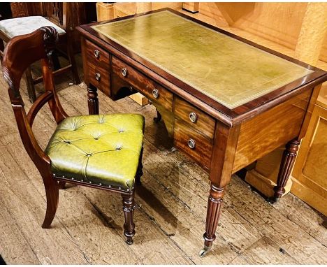 A William IV and later mahogany writing table, leather inlay writing surface with moulded edge top, above a kneehole shape wi