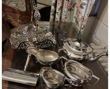 A selection of plate tablewear comprising an EPNS part tea set of teapot, milk jug and sugar bowl; a silver palted crumb swee