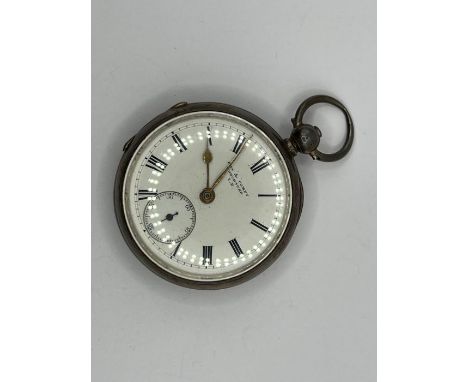 Kat &amp; Compy Worcester key wound sterling silver pocket watch. Hallmarked for Chester 1893. Untested. White dial with Roma