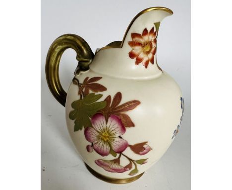 A Royal Worcester blush ivory jug painted with flower sprays, gilt highlights, pattern 1094, 14cm high