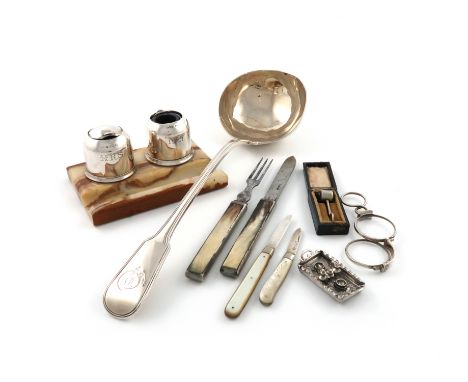 A mixed lot, comprising silver items: a George IV Fiddle and Thread pattern soup ladle, by George Piercy, London 1821, initia