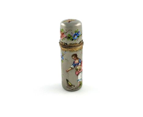 A French gold-mounted silver and enamel scent bottle, cylindrical form, enamelled with a lady feeding birds with garlands of 