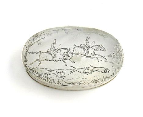 A George III silver snuff box, by Daniel Hockley, London 1813, oval form, the hinged cover later engraved with a hunting scen