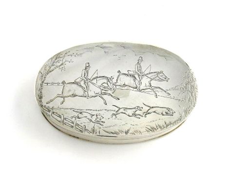 A George III silver snuff box, by Daniel Hockley, London 1813, oval form, the hinged cover later engraved with a hunting scen