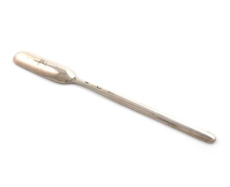 A George III Irish silver marrow scoop, maker's mark possibly ID, Dublin circa 1760, the reverse of the bowl with a crest, le