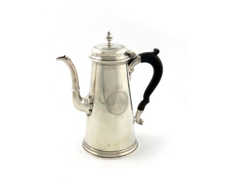 A George II silver coffee pot, by John Swift, London 1733, tapering circular form, scroll handle, faceted spout, the slightly