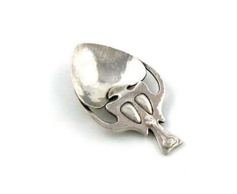 Designed by Oliver baker for Liberty and Co., an Art Nouveau silver caddy spoon, Birmingham 1911, heart-shaped bowl, pierced 