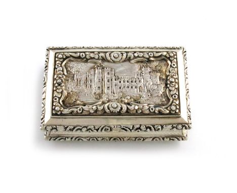 A Victorian silver 'castle-top' snuff box, Kenilworth Castle, by Nathaniel Mills, Birmingham 1838, rectangular form, engine-t