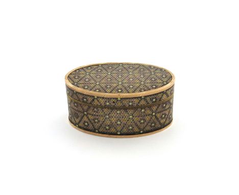 λA late 18th century french gilt-metal mounted blonde tortoiseshell snuff box, unmarked, oval form, with gold and silver geom