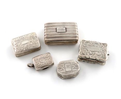 A collection of five antique silver vinaigrettes, various dates and makers, comprising: one by Nathaniel Mills, Birmingham 18
