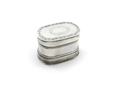 A George III silver nutmeg grater, by Thomas Willmore, Birmingham 1800. oblong form, pull-off cover and base, engraved border