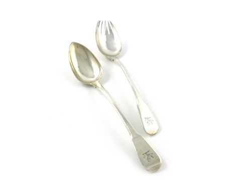 A pair of George III silver Fiddle pattern salad servers, by Thomas Barker, London 1804, the terminals crested, approx. weigh