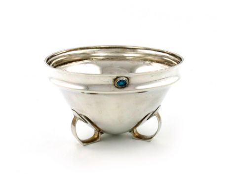 By W.H. Haseler, an Edwardian Art Nouveau silver bowl, Birmingham 1904, tapering circular form, applied with three oval turqu