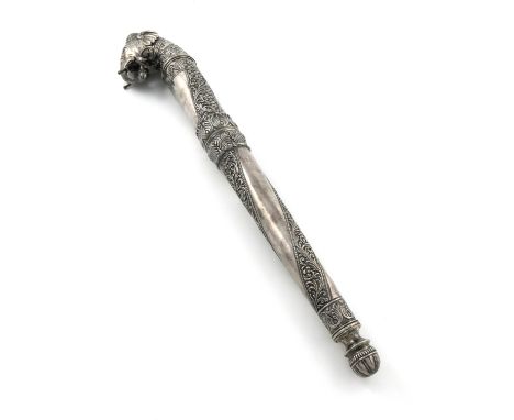 An Indian ceremonial silver mace, (Soonta), unmarked, probably 19th century, tapering form, with an elephant head finial, hol