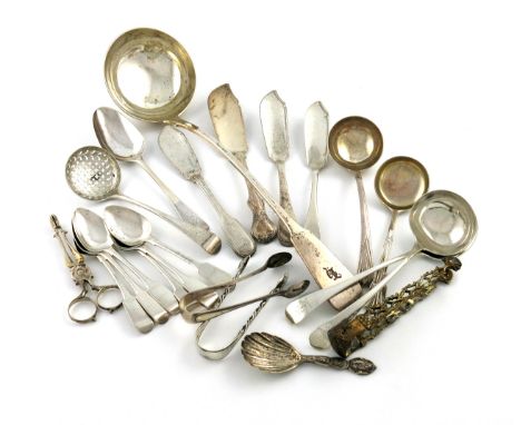 A mixed lot of silver flatware, various dates and makers, comprising: a William IV Scottish silver Fiddle pattern soup ladle,