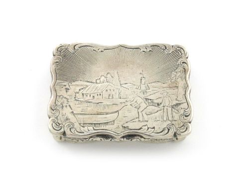 A Victorian engraved vinaigrette, lake/coast scene, by Nathaniel Mills, Birmingham 1846, rectangular form, the cover with two