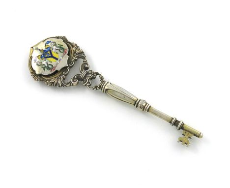 A presentation silver and enamel ceremonial key, by Lawrence Emanuel, Birmingham 1935, enamelled with the arms of the Grand U