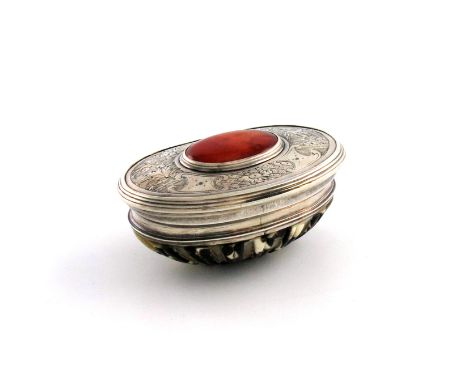 An 18th century silver, shell and agate snuff box, unmarked circa 1760, shell base, plain silver mounts, the hinged cover cha