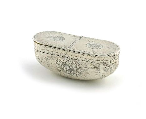 A George III silver double-lidded snuff box, unmarked circa 1780, oblong boat form, engraved radiating decoration, the front 