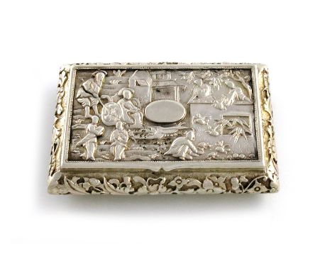 A 19th century Chinese silver snuff box, maker's mark worn, possibly that of Leeching, rectangular cushion form, the hinged c