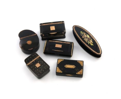 λA collection of gold and gilt-metal mounted tortoiseshell items, comprising: a snuff box of kidney form, plain gilt-metal mo