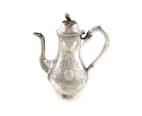 λA Victorian Scottish silver coffee pot, by Marshall &amp; Sons, Edinburgh 1860, baluster form, engraved foliate and scroll d