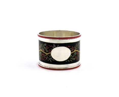 A silver and enamel napkin ring, by C Dumenil, London 1928, the Japanese enamel with a signature, circular form, decorated wi