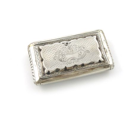 A 19th century Dutch silver snuff box, 1879, shaped rectangular form, engraved decoration, length 8cm, approx. weight 1.4oz.