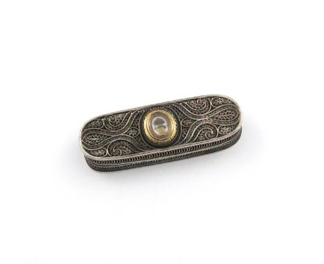 A George III silver filigree toothpick box, circa 1790, oblong form, scroll decoration, the hinged cover with an oval cartouc